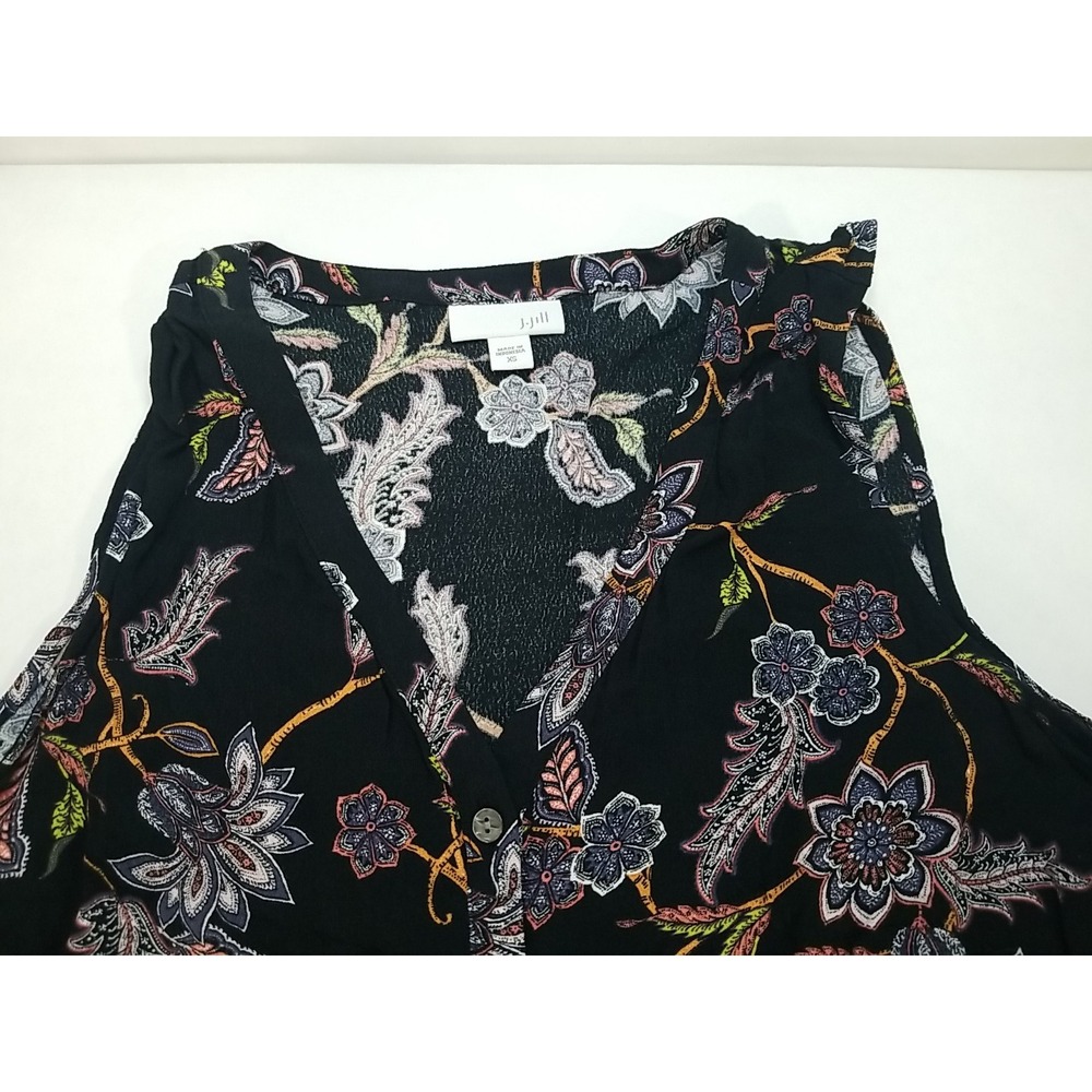 J Jill Womens XS Black Paisley Floral Sleeveless Blouse Button Up Tunic Tank Top